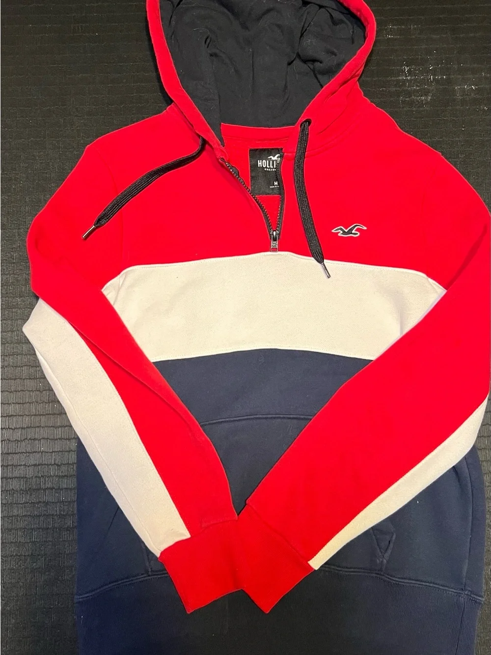 Hollister Men’s Red, White & Navy Half-Zip Colorblock Hoodie